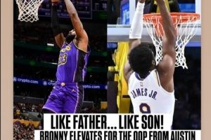  老詹转发！NBA官方晒詹姆斯&布朗尼空接对比：有其父必有其子