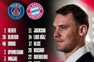  拜仁公布欧冠对巴黎名单：凯恩领衔，迪亚斯、奥利塞在列